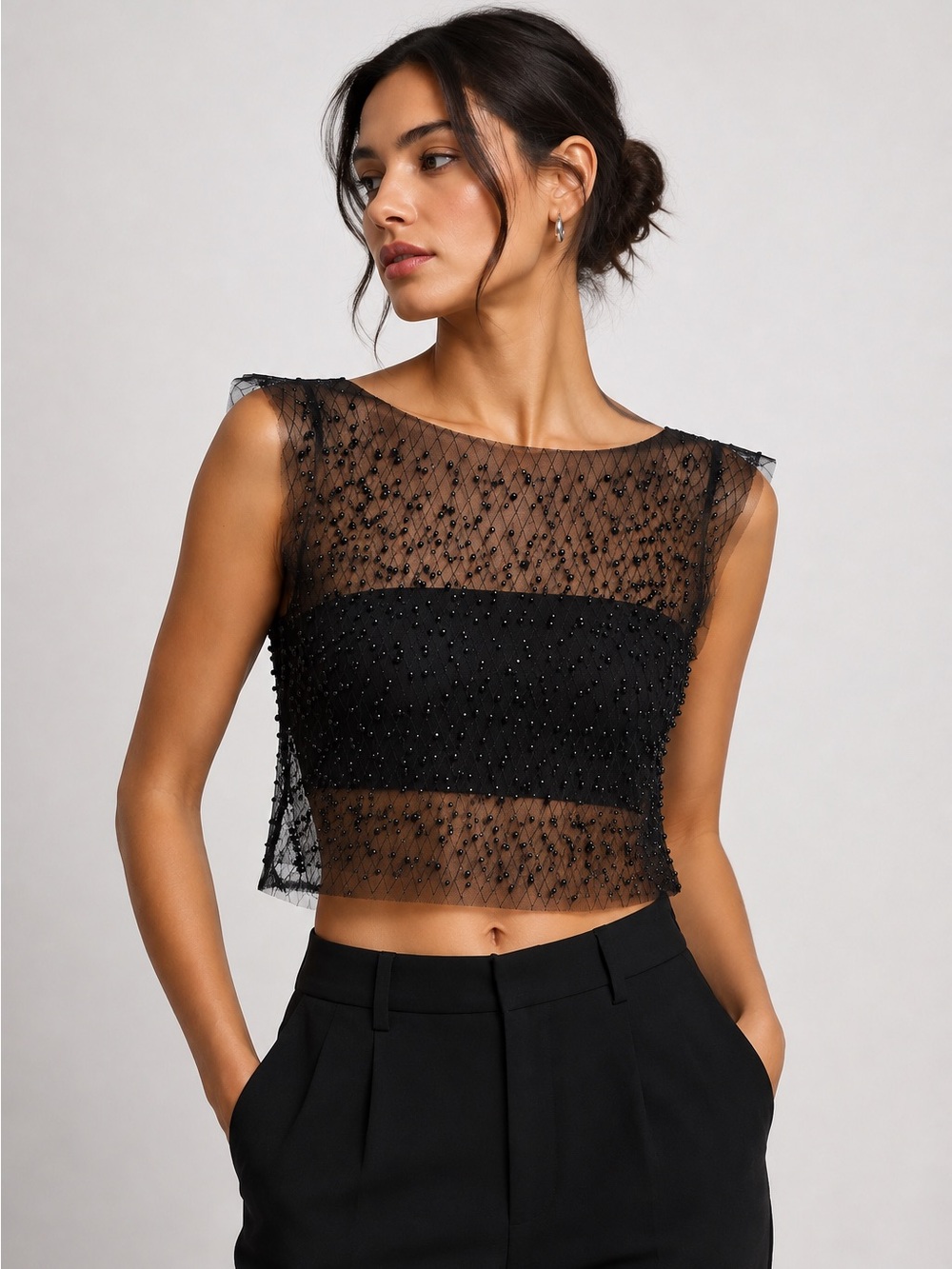 Hot & Delicious Sheer Black Beaded Crop Top